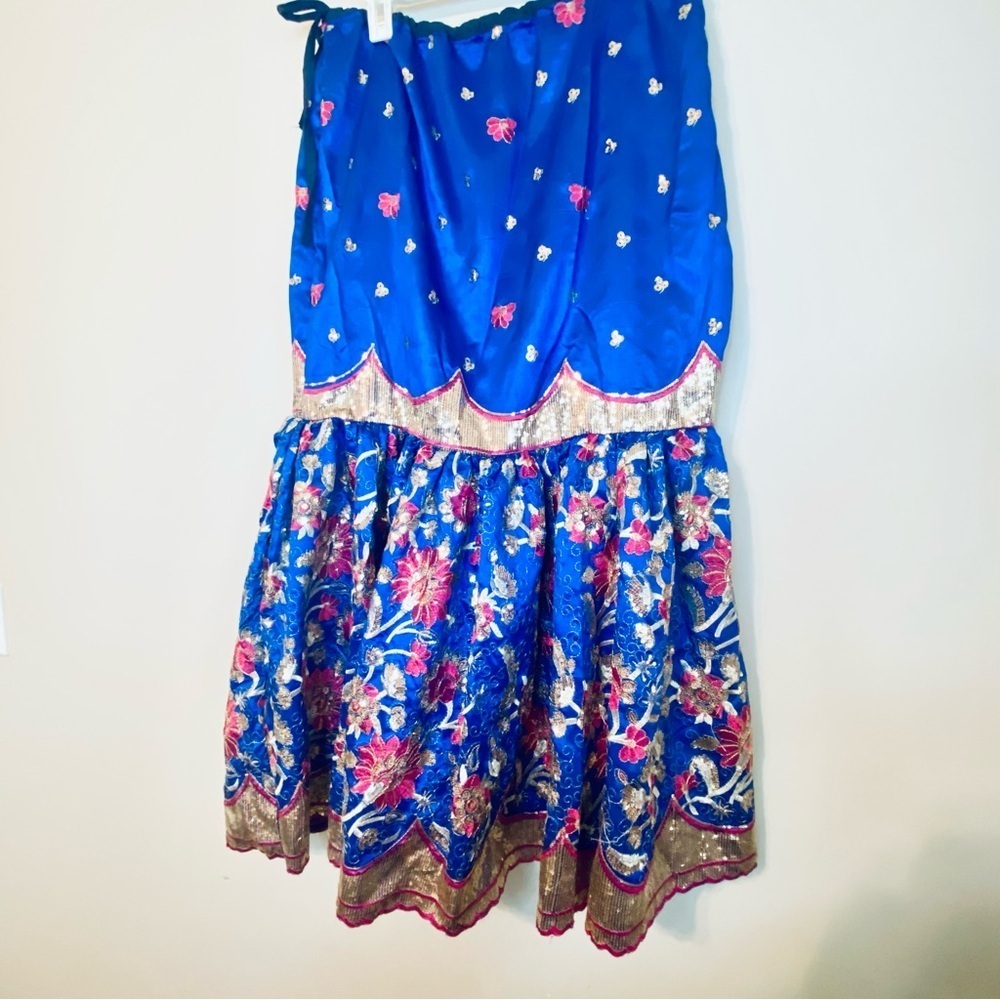 Elegant Blue Boho Embroidered Floral and Sparkling Maxi Skirt